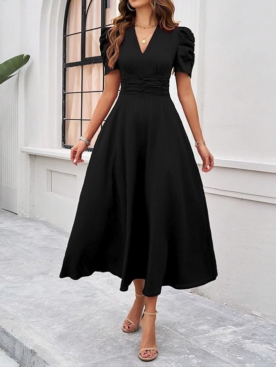 Girl's & Women's Solid Color V-Neck A-Line Maxi Dress for Women | New Year Party Outfit - Image 2