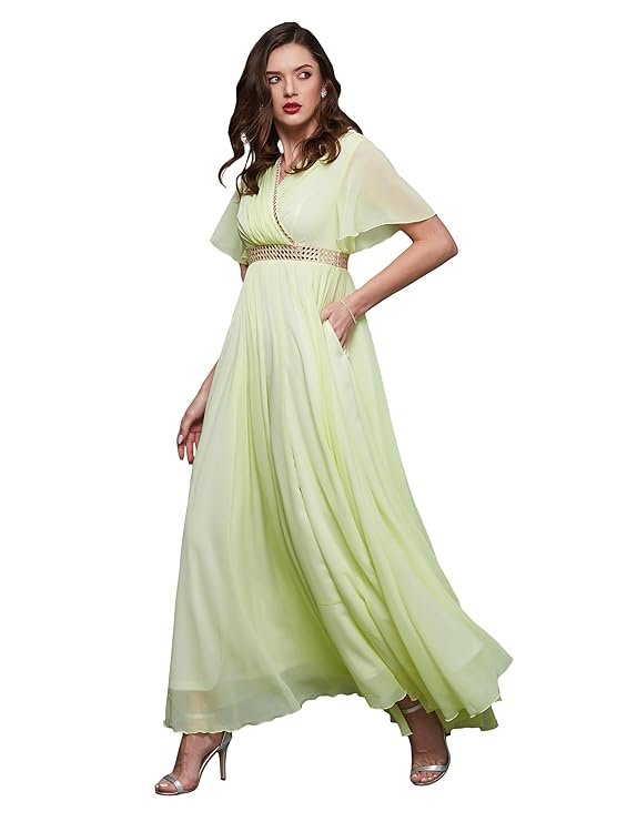 Women's V-Neck Flared/Bell Sleeves Fit & Flare Maxi Dress