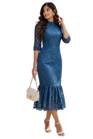 Blue Lace Bodycon Midi Dress for Women | Elegant Party Wear Western Dress with Ruffle Hem