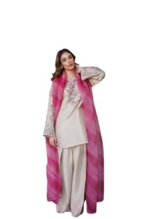 Off-White Embroidered Kurta Palazzo Set for Women with Pink Tie-Dye Dupatta | Designer Ethnic Wear