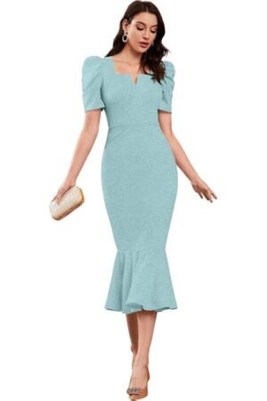 Mint Green Bodycon Midi Dress for Women | Elegant Puff Sleeve Party Wear Dress