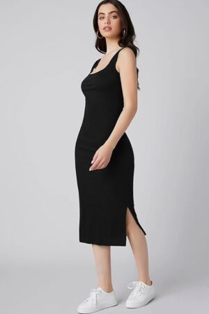 Black Square Neck Bodycon Midi Dress for Women | Casual, Party & Everyday Western Wear