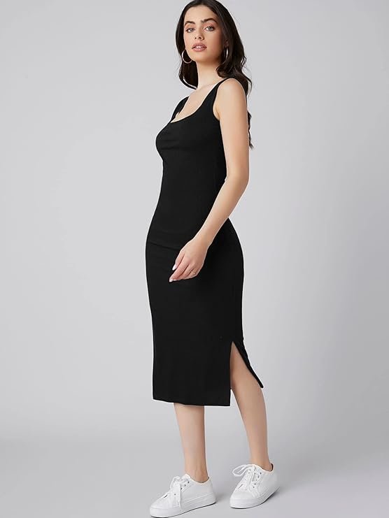 Black Square Neck Bodycon Midi Dress for Women | Casual, Party & Everyday Western Wear