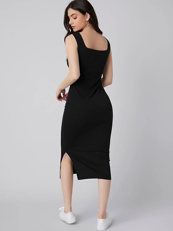 Black Square Neck Bodycon Midi Dress for Women | Casual, Party & Everyday Western Wear - Image 4