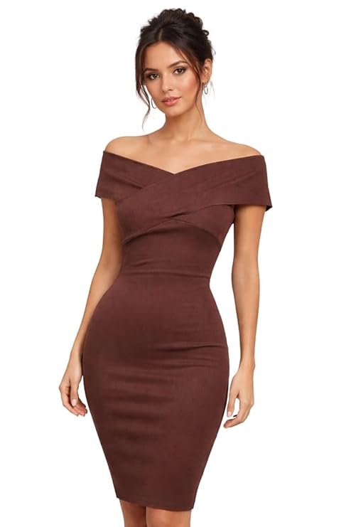 Brown Off-Shoulder Bodycon Dress for Women | Elegant Party, Cocktail & Evening Wear - Image 2
