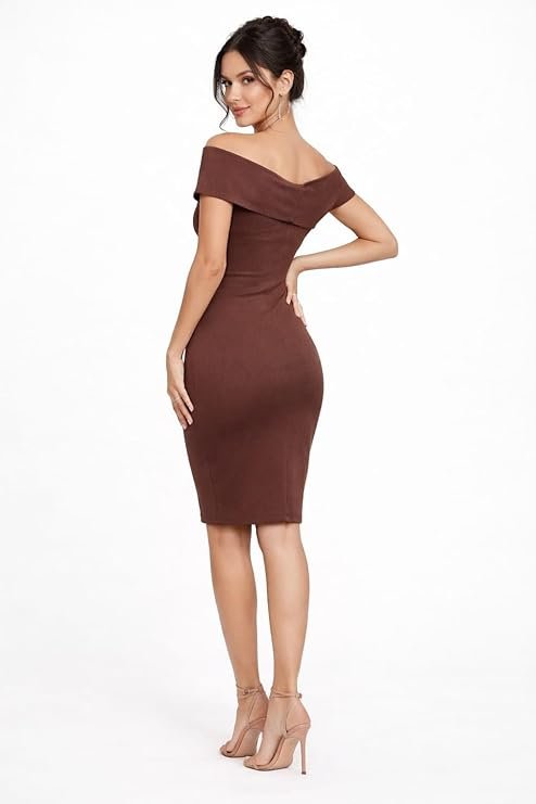 Brown Off-Shoulder Bodycon Dress for Women | Elegant Party, Cocktail & Evening Wear - Image 4