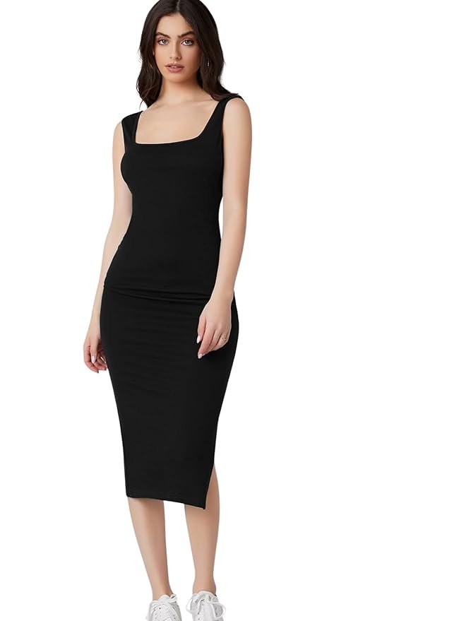 Black Square Neck Bodycon Midi Dress for Women | Casual, Party & Everyday Western Wear - Image 2