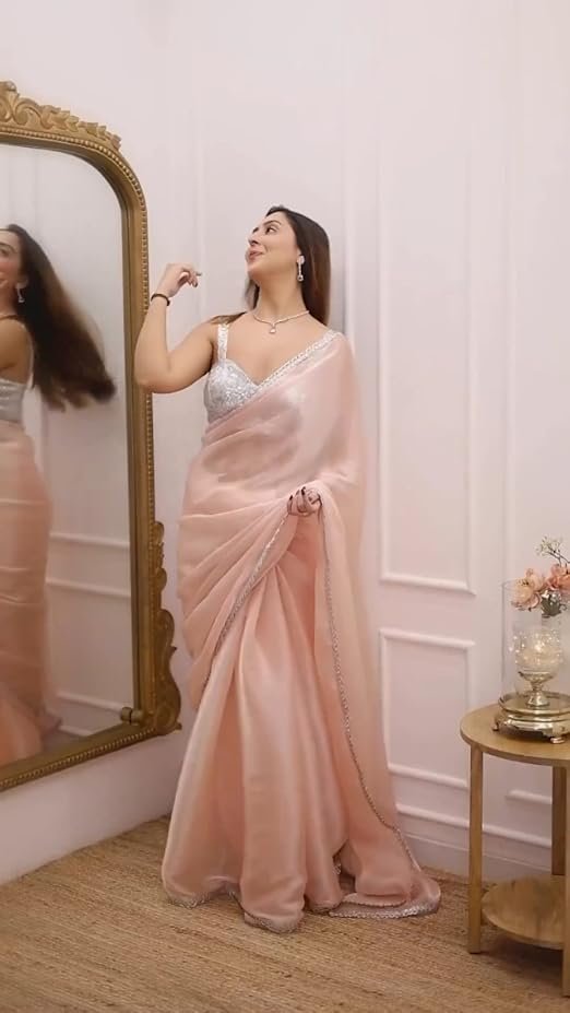 Blush Pink Organza Saree with Sequined Border & Designer Blouse | Elegant Party Wear Saree - Image 3