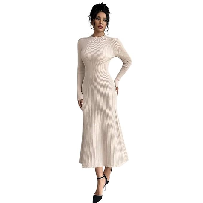 Elegant Beige Ribbed Knit Midi Dress for Women | Winter Casual & Party Wear