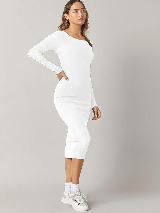 White Bodycon Midi Dress for Women | Elegant Long Sleeve Casual, Party & Western Wear - Image 3