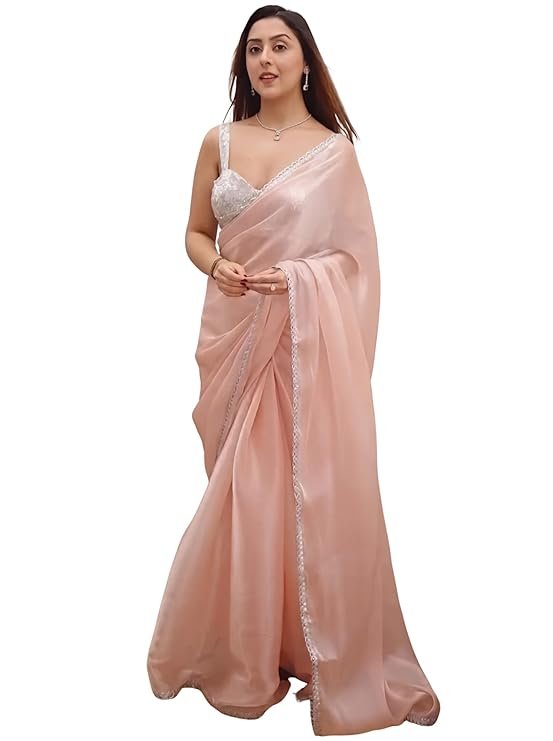 Blush Pink Organza Saree with Sequined Border & Designer Blouse | Elegant Party Wear Saree