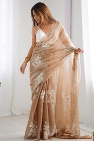 Elegant Champagne Organza Saree with White Floral Embroidery | Lightweight Party & Wedding Wear