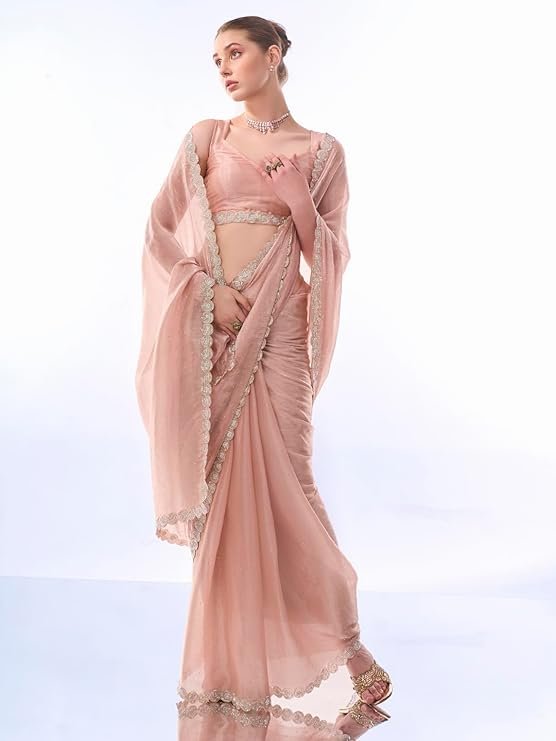 Blush Pink Designer Saree with Embroidered Border & Sleeveless Blouse | Elegant Party Wear Saree - Image 4