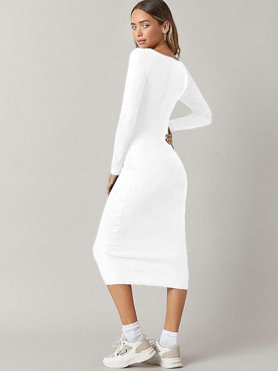 White Bodycon Midi Dress for Women | Elegant Long Sleeve Casual, Party & Western Wear - Image 5