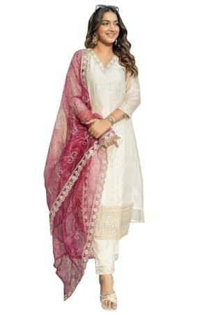 Off-White Embroidered Kurta Pant Set for Women with Wine Organza Dupatta | Designer Ethnic Wear Suit Set