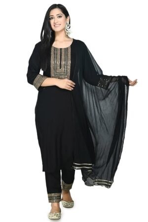 Black Embroidered Kurta Pant Set for Women with Chiffon Dupatta | Designer Festive Ethnic Wear