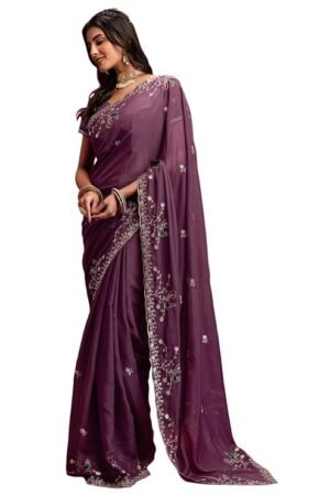 Purple Embroidered Saree for Women | Designer Party Wear Saree with Sequins Work