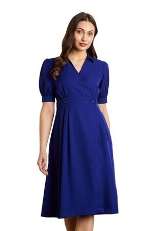 Royal Blue A-Line Midi Dress for Women | Elegant Puff Sleeve Casual & Office Wear Dress
