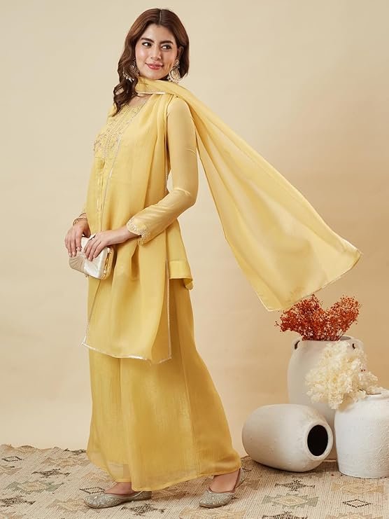 Pastel Yellow Embroidered Peplum Kurta Palazzo Set for Women | Designer Festive Ethnic Wear - Image 4