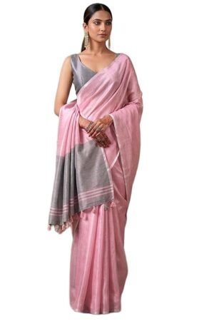 Pink Linen Blend Saree with Grey Contrast Pallu & Tassel Detailing | Elegant Office & Casual Wear