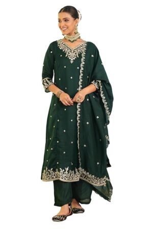 Dark Green Embroidered Kurta Pant Set with Chiffon Dupatta | Designer Festive & Party Wear Ethnic Suit