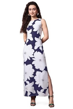 Navy Blue Floral Print Maxi Dress for Women | Sleeveless Casual Summer Western Dress