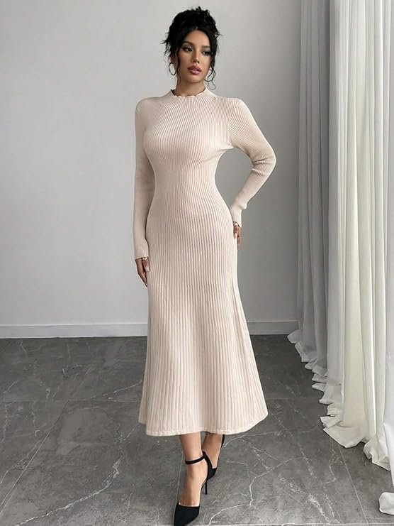 Elegant Beige Ribbed Knit Midi Dress for Women | Winter Casual & Party Wear - Image 2