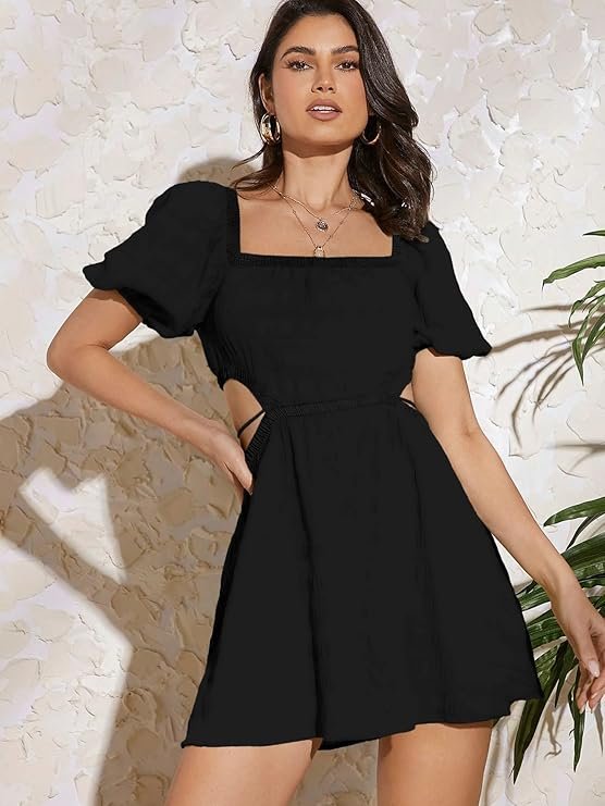Elegant Black Puff Sleeve Mini Dress for Women | Casual, Party & Western Wear