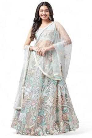 Pastel Mint Embroidered Lehenga Choli for Women | Designer Floral Wedding Party Wear Lehenga with Net Dupatta