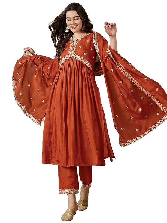 Rust Orange Embroidered Anarkali Kurta Pant Set with Dupatta | Festive & Party Wear Ethnic Set