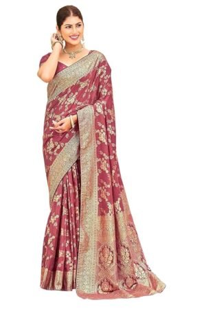 Wine Pink Banarasi Silk Saree with Rich Zari Weaving & Traditional Border | Wedding Wear Saree