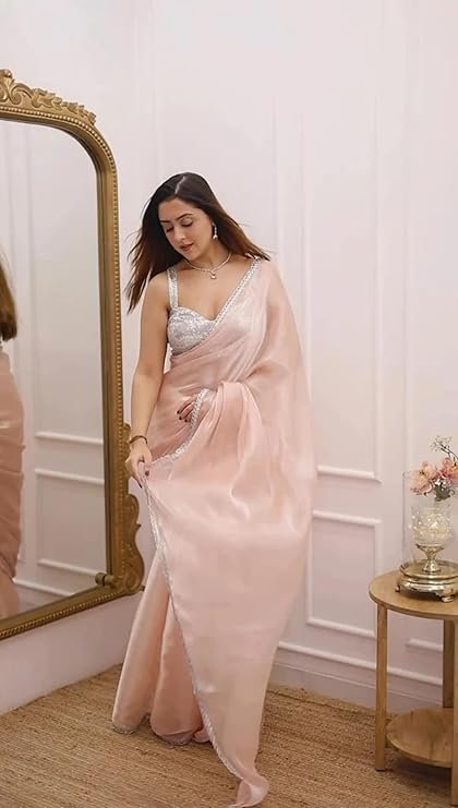 Blush Pink Organza Saree with Sequined Border & Designer Blouse | Elegant Party Wear Saree - Image 2