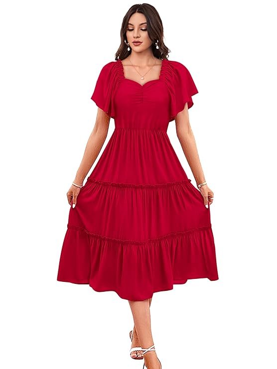 Red Tiered Midi Dress for Women | Stylish Casual Summer Dress with Flutter Sleeves