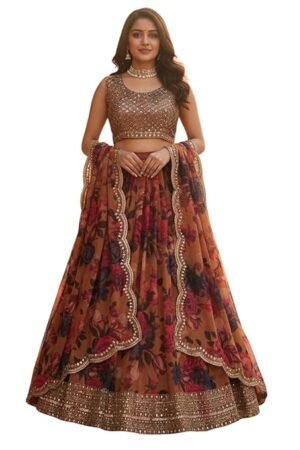Rust Brown Floral Printed Lehenga Choli for Women | Designer Sequins Party Wear Lehenga with Dupatta