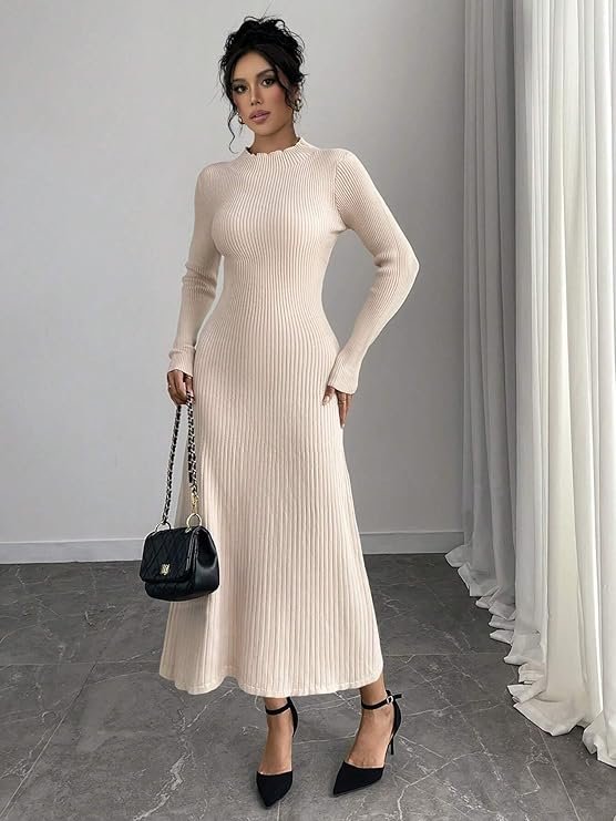 Elegant Beige Ribbed Knit Midi Dress for Women | Winter Casual & Party Wear - Image 4