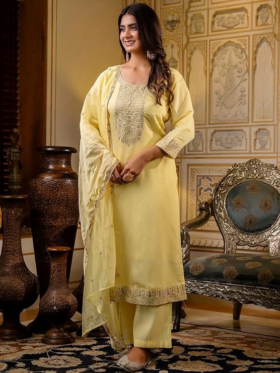 Light Yellow Embroidered Kurta Palazzo Set with Organza Dupatta | Women's Festive Ethnic Wear Suit