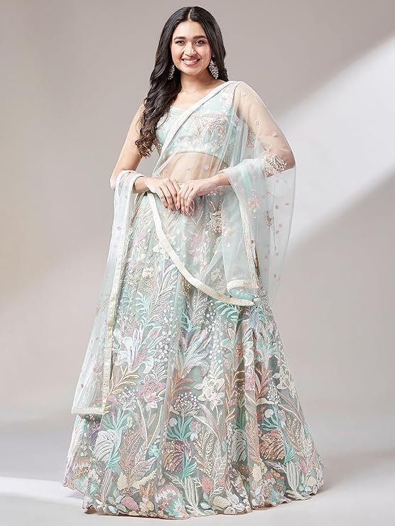 Pastel Mint Embroidered Lehenga Choli for Women | Designer Floral Wedding Party Wear Lehenga with Net Dupatta - Image 4