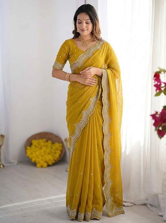 Celebrate timeless Indian tradition with this beautiful mustard yellow Bandhani print saree - Image 3