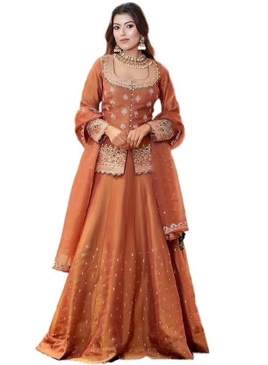 Copper Brown Embroidered Ethnic Gown for Women with Dupatta | Designer Party Wear Anarkali Gown Set