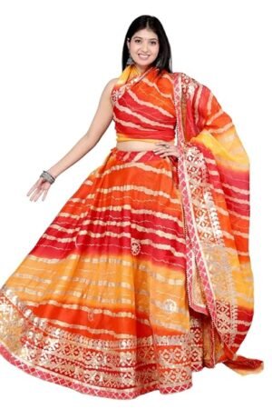 Orange Bandhani Printed Lehenga Choli for Women with Dupatta | Festive, Wedding & Navratri Wear