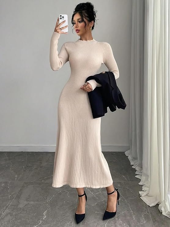 Elegant Beige Ribbed Knit Midi Dress for Women | Winter Casual & Party Wear - Image 6