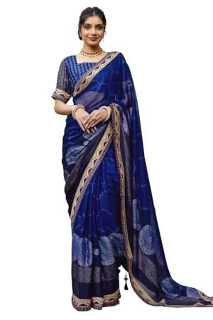 Women's Royal Blue Printed Saree with Designer Border & Unstitched Blouse Piece