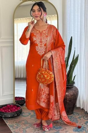 Elegant Orange Embroidered Kurta Pant Set with Printed Dupatta | Festive & Ethnic Wear