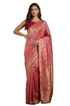 Pink Banarasi Silk Saree for Women | Traditional Zari Woven Wedding & Festive Saree
