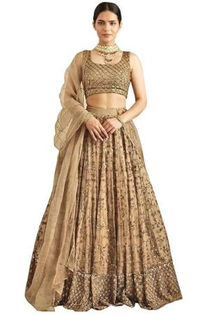 Champagne Gold Embroidered Lehenga Choli for Women | Designer Wedding Party Wear Lehenga with Dupatta