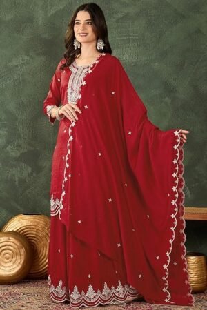 Red Embroidered Kurta Palazzo Set for Women with Dupatta | Designer Festive & Party Wear Ethnic Suit