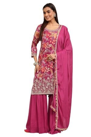 Pink Floral Printed Kurta Sharara Set for Women with Dupatta | Designer Festive Ethnic Wear Suit