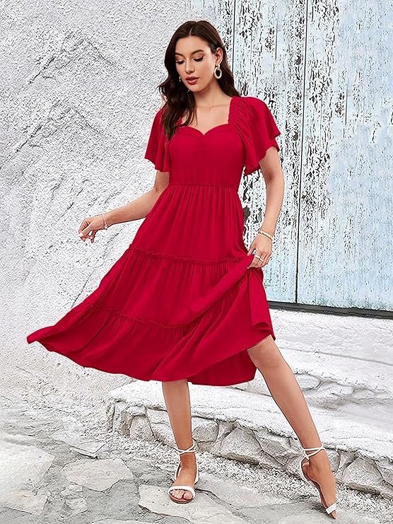 Red Tiered Midi Dress for Women | Stylish Casual Summer Dress with Flutter Sleeves - Image 3