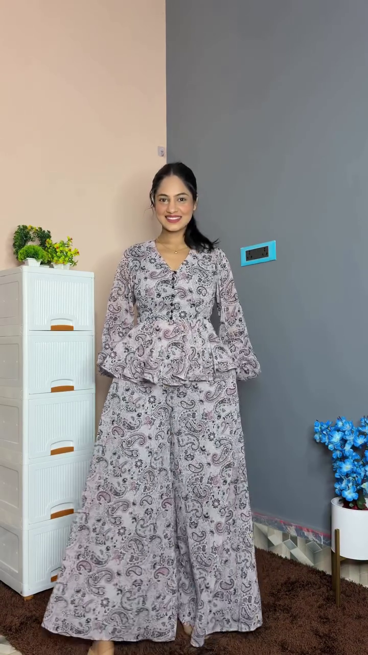 Women's Orange Floral Printed Co-Ord Set with Flared Palazzo Pants | Stylish Casual & Party Wear Outfit - Image 2