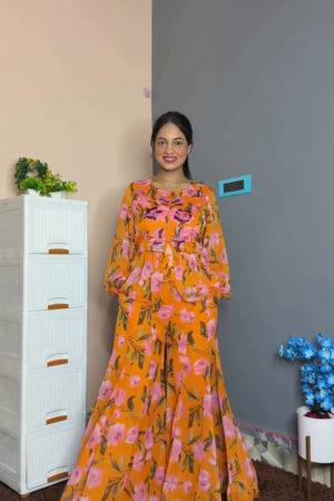 Women's Orange Floral Printed Co-Ord Set with Flared Palazzo Pants | Stylish Casual & Party Wear Outfit